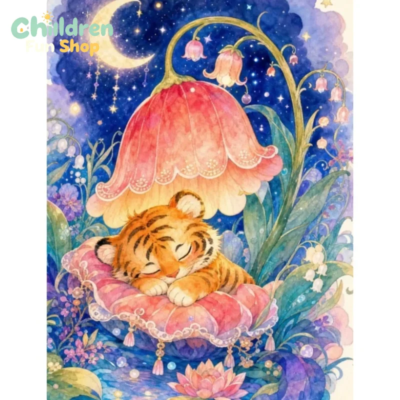 Resin Art Baby - Diamant schilderij Slaapende Babytijger onder belbloem
